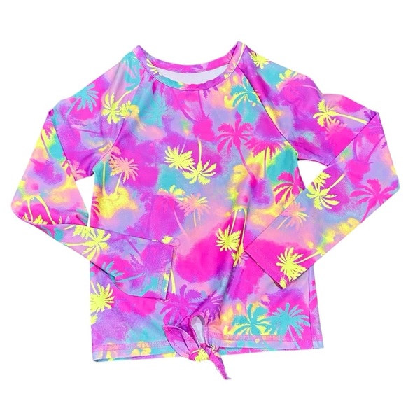 Place Pink Yellow turquoise palm print Rashguard Tankini Swim 3 piece Set small - Picture 3 of 5